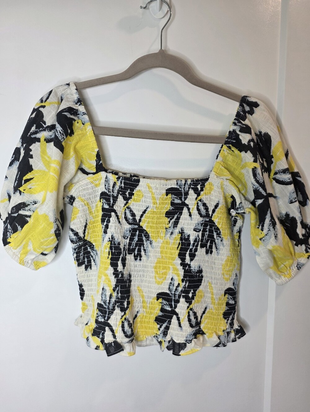 Walter Baker Floral Smocked Square-Neck Crop Top SZ L